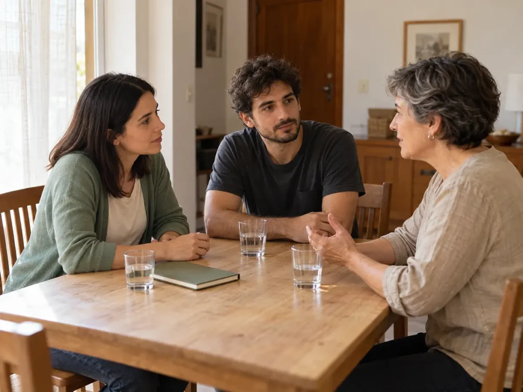 Tres personas conversando alrededor de una mesa en un hogar.