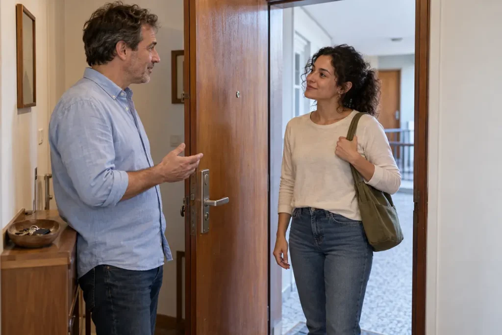 Una mujer y un hombre conversando en la entrada de una vivienda.