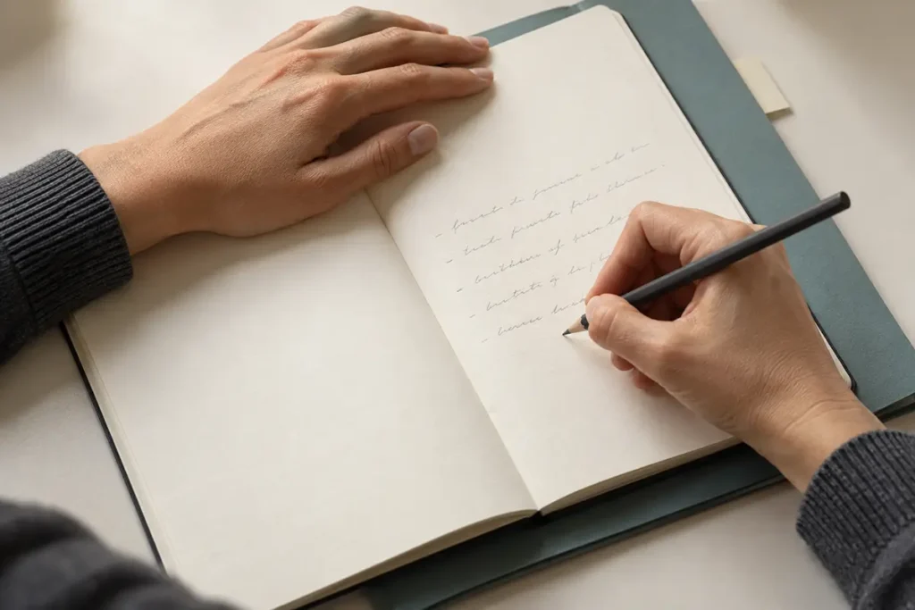 Detalle de unas manos tomando notas en un cuaderno.