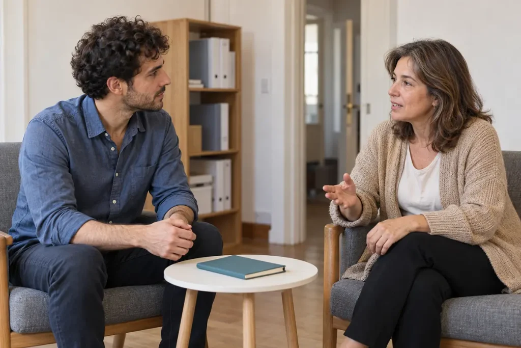 Dos colegas conversando en un espacio de trabajo