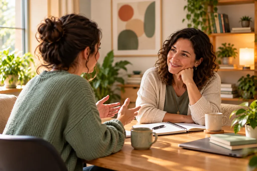 Conversación cálida entre dos mujeres en una oficina, pensada como imagen de supervisión al comenzar a ejercer.