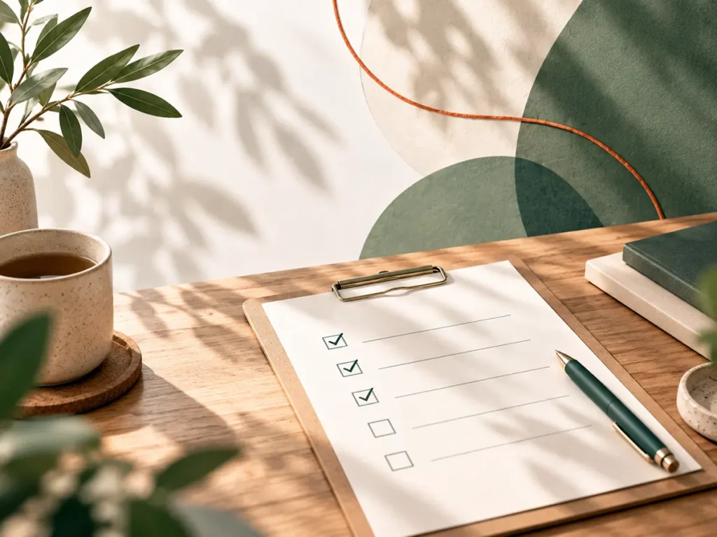 Checklist sobre escritorio cálido con birome y taza, en estilo visual de SupervisAT.
