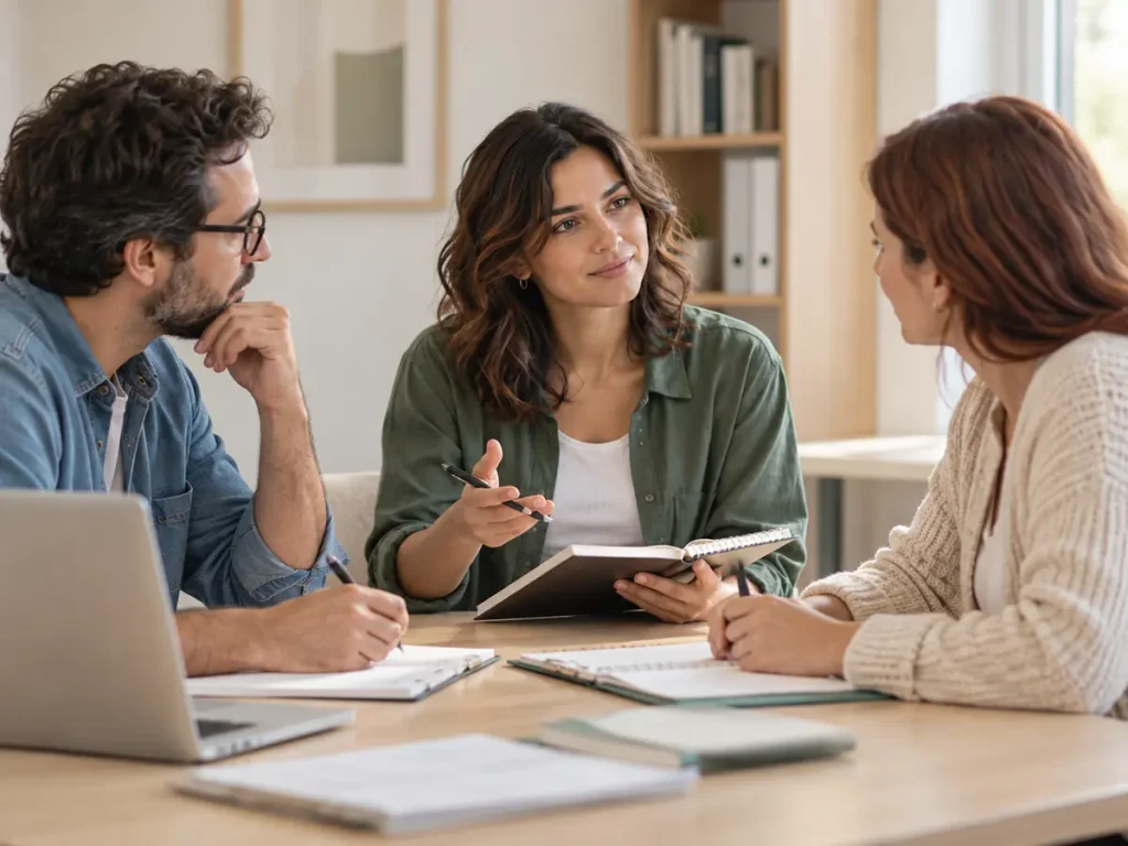 Equipo interdisciplinario conversando sobre un acompañamiento terapéutico