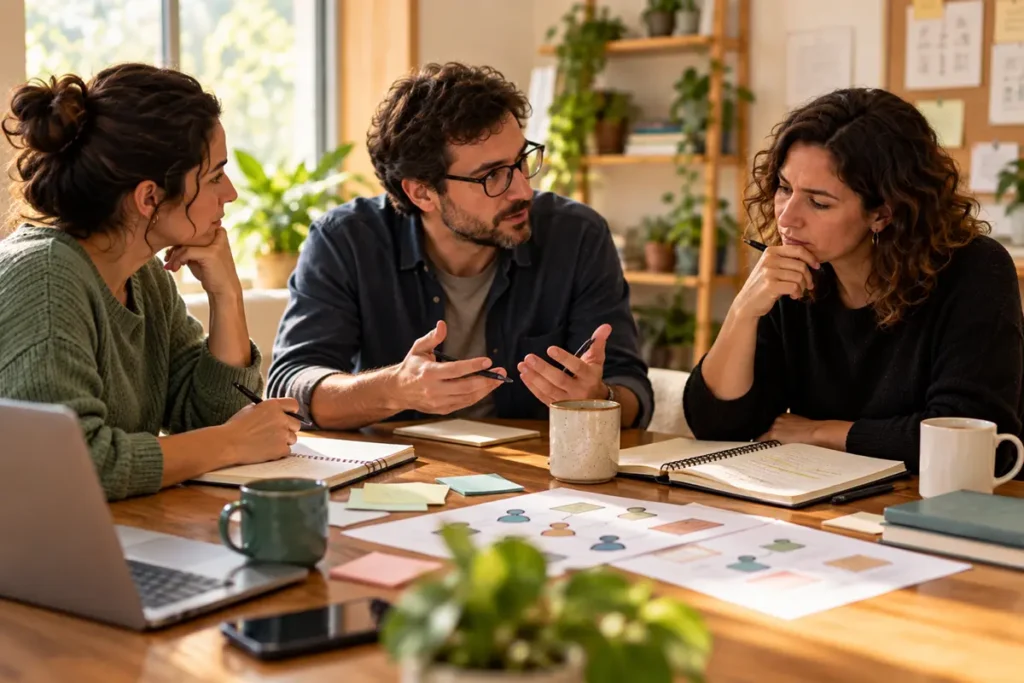 Equipo interdisciplinario analizando una situación de acompañamiento, con notas y esquema de vínculos sobre la mesa.