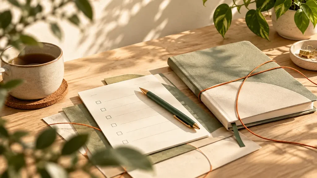 Checklist en una mesa de madera junto a un cuaderno verde, una lapicera y una taza, con luz natural y hojas desenfocadas.