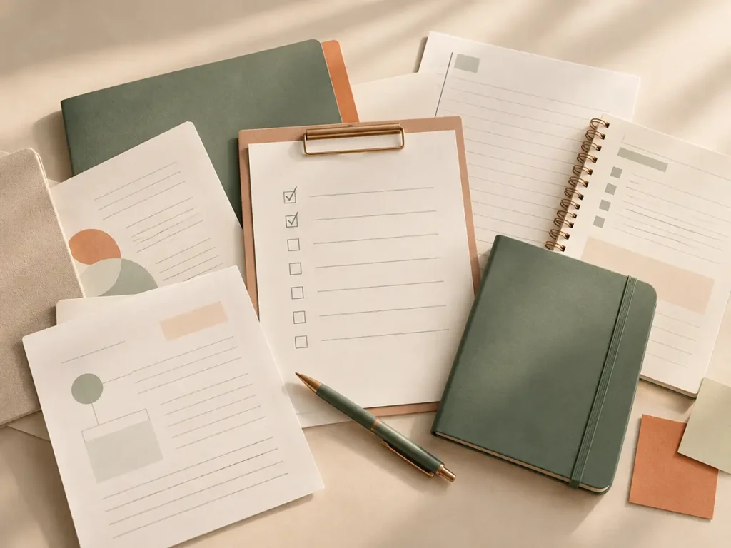 Cuadernos, hojas de trabajo, checklist y agenda en tonos verdes y tierra, dispuestos sobre una superficie clara con estética cálida y ordenada.