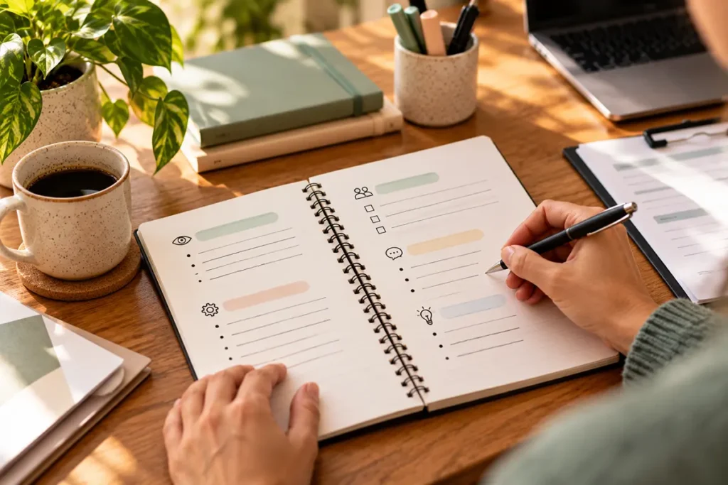 Primer plano de un cuaderno de registro con anotaciones y categorías, sobre una mesa de trabajo con materiales de oficina.