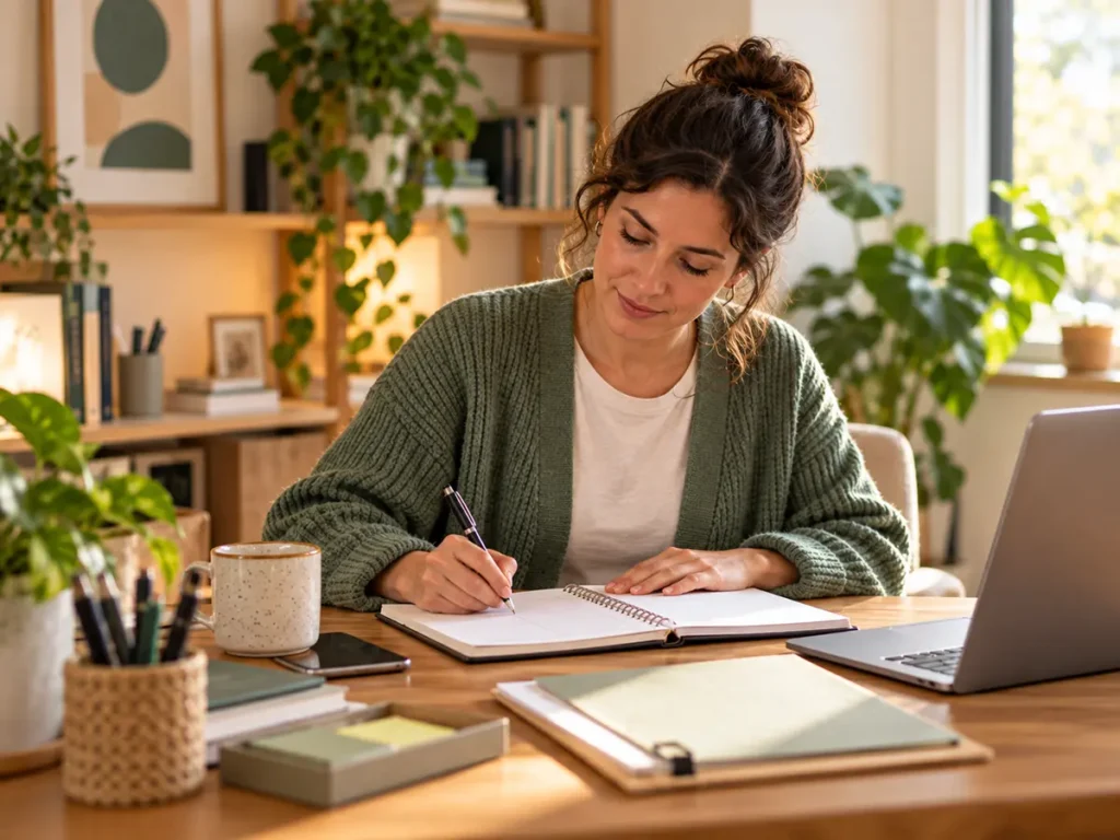 Acompañante terapéutica escribiendo registros en un cuaderno, en un escritorio de trabajo cálido y ordenado.