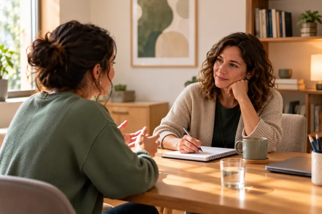 Supervisión individual entre dos mujeres en una oficina luminosa, con cuaderno y notas sobre la mesa.