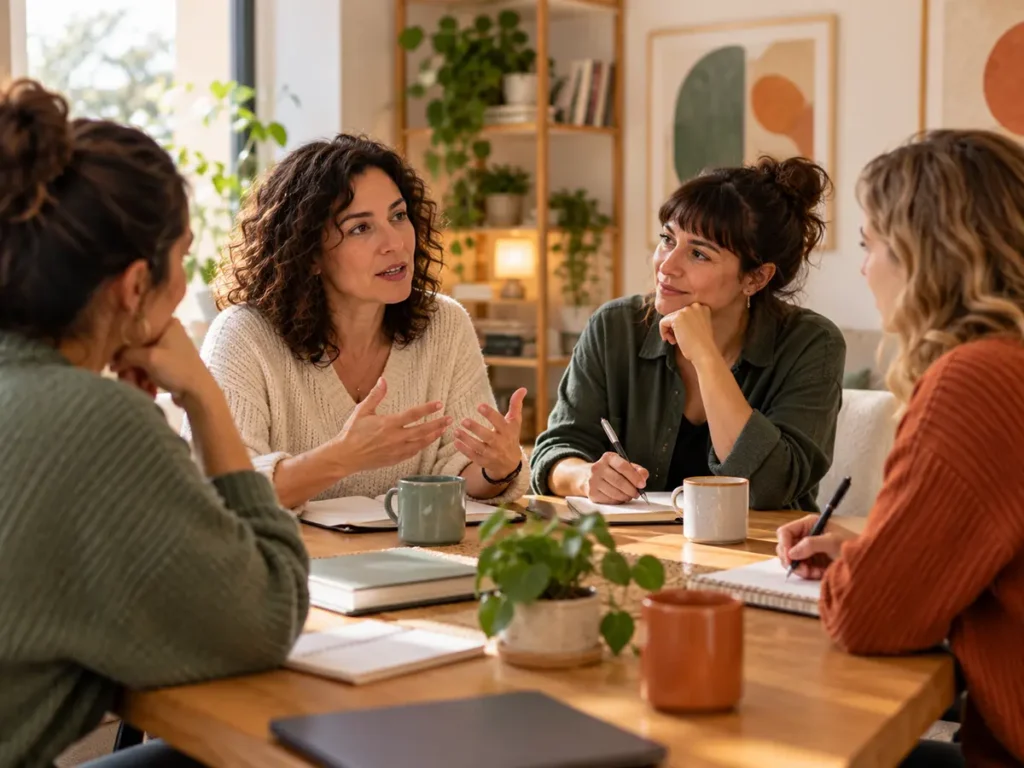 Grupo de acompañantes terapéuticos en una supervisión grupal, conversando alrededor de una mesa en un espacio cálido.